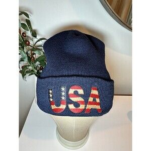 Vintage USA Flag Beanie Navy Blue Knit Winter Hat 90s Streetwear Embroidered